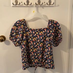 LOFT floral puff sleeve tie knot top